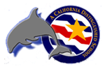 A dolphin jumps over the California Distinguished School Emlem
