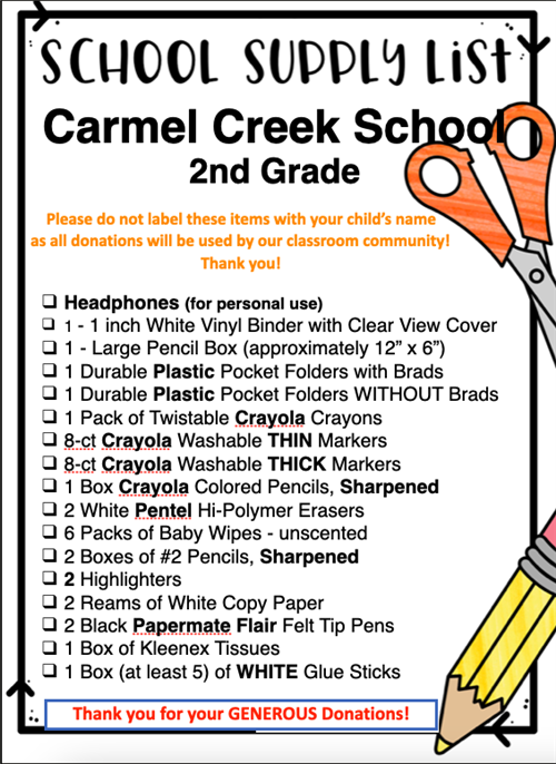 2nd Grade Supply List