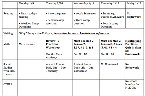 school weekly calendar