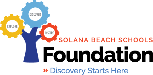 Solana Beach Schools Foundation Logo; yellow, blue and red cogs on a blue tree trunk.