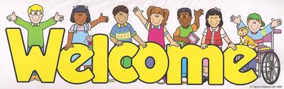  the word Welcome in yellow with children standing and sitting around it