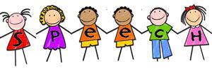 Stick figure kids holding hands with shirts that spell SPEECH