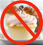 Cupcake with red circle and cross through it indicating No Cupcakes.