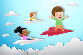 Premium Vector | Cartoon of kids flying on paper plane