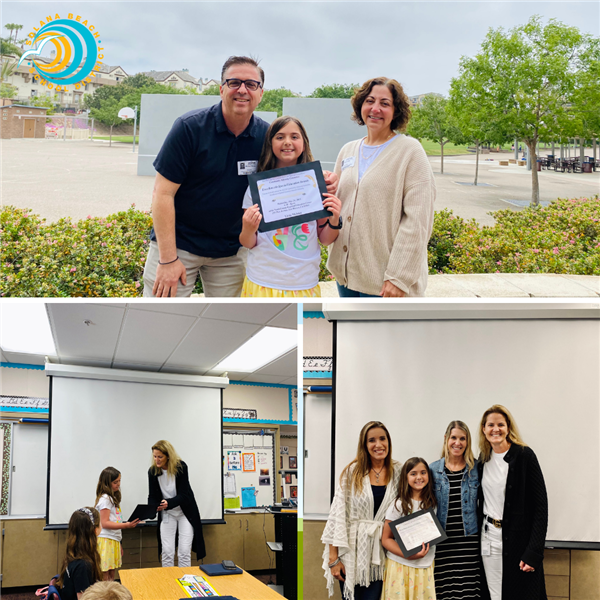 Photo features Excellence in Education Student Awardee at SBSD, Livia Meister. Pictured here with her parents and district staff.